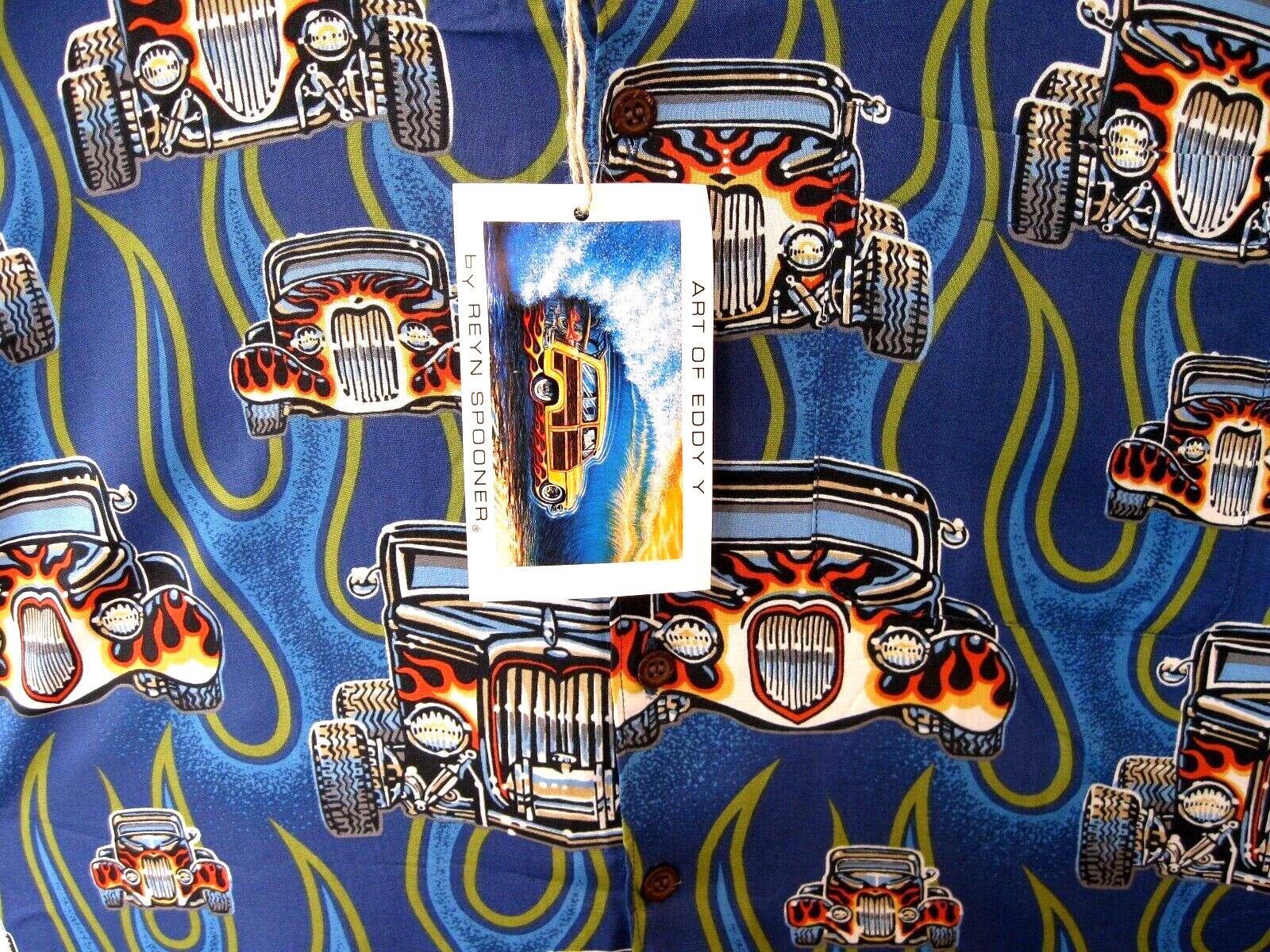NEW REYN SPOONER BEAUTIFUL OLD SCHOOL HOTRODS STREET RODS 100% RAYON BLUE RARE L