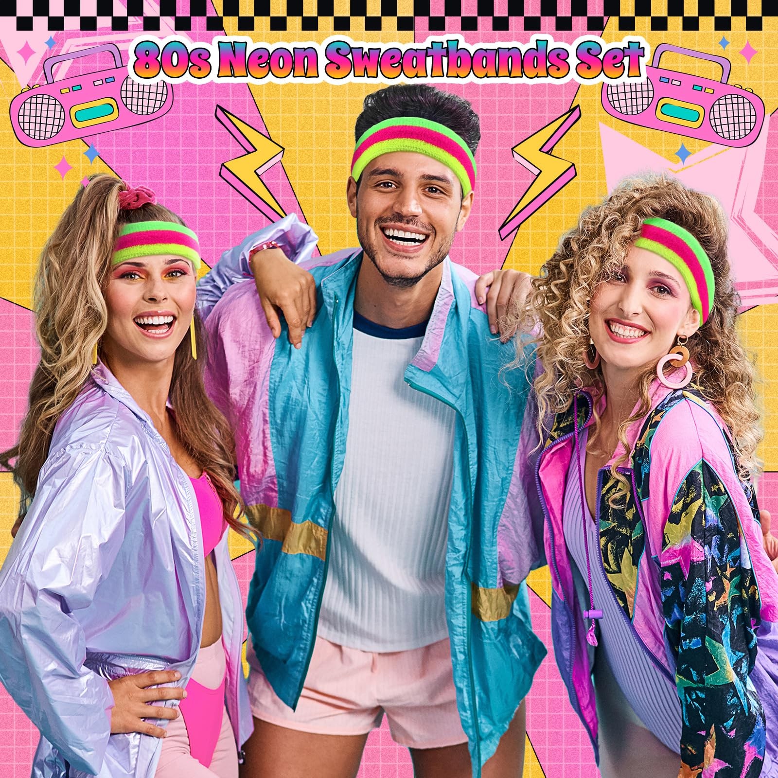 3 Pack Neon Sweatbands Set 80s Wristband and Headband Color War Accessories S…