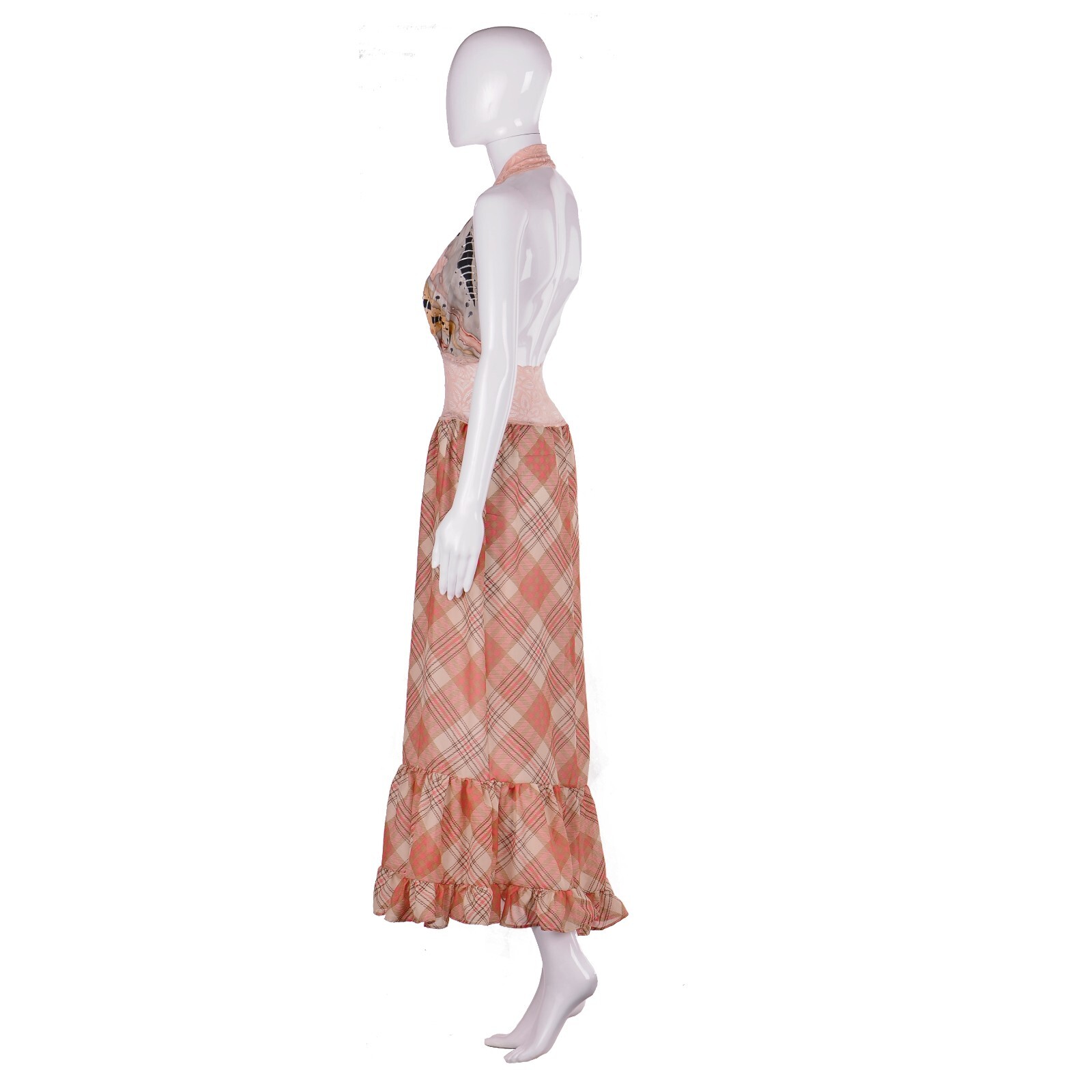 Woman Clothing Silk Long Dress Checkered Tartan Couture Elegant Casual Ruffles