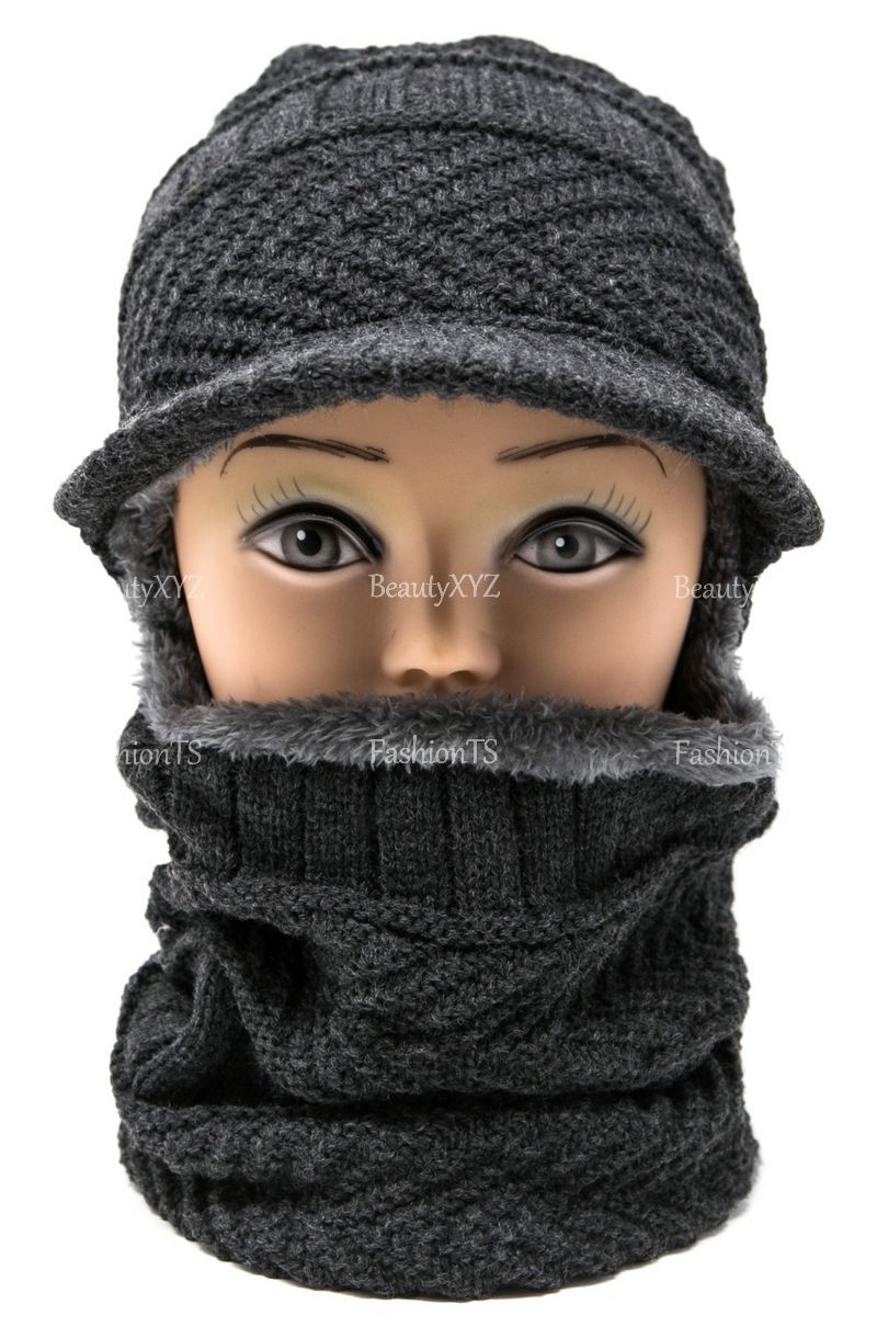 2 in 1 Cable Knit Winter Hat w/ Neck Warmer Mask Brim Beanie Fur Lining Unisex