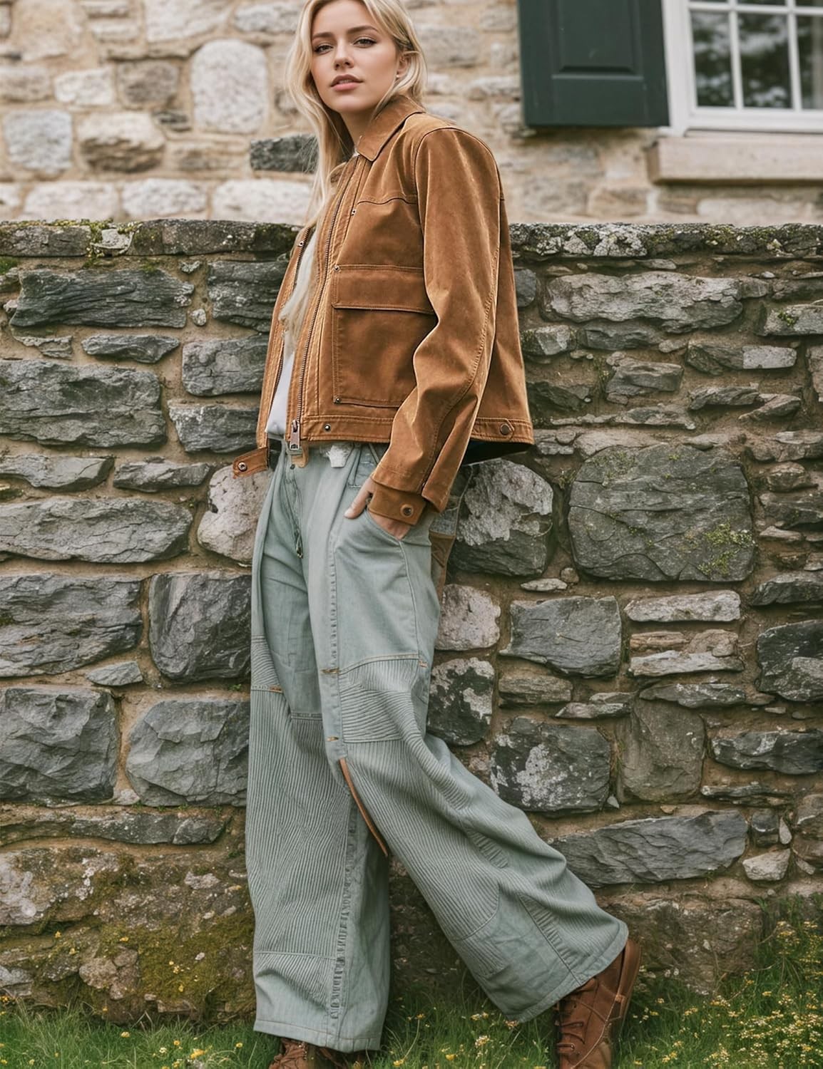 Women Vegan Suede Bomber Lightweight Cropped Jacket Loose Lapel, Size Large