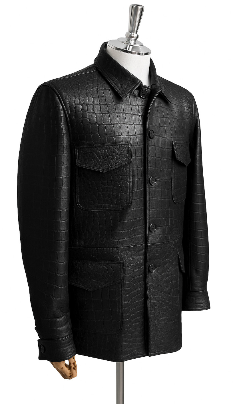 Men’s Black Crocodile Embossed Pattern Leather Jacket 4-Pocket Safari Style Coat
