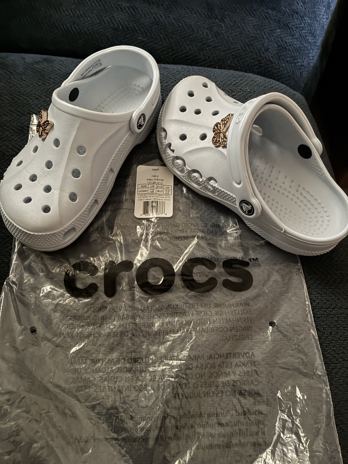 Crocs Baya Clogs Blue Marine (M4 W6) with Gold Butterfly Jibbitz-slightly used.