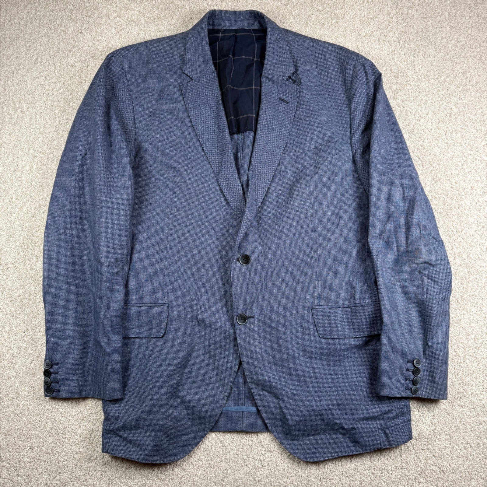 Hackett London Sport Coat Mens 46R Blue Linen Wool Blend Micro Check Blazer