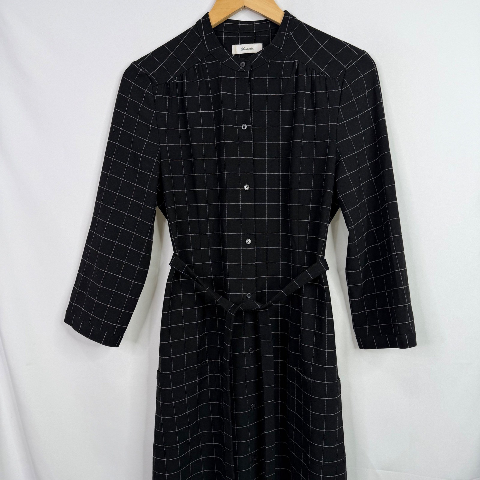 Dunderdon Ana Black Grid Windowpane Shirt Dress Tie Waist Pockets Size M