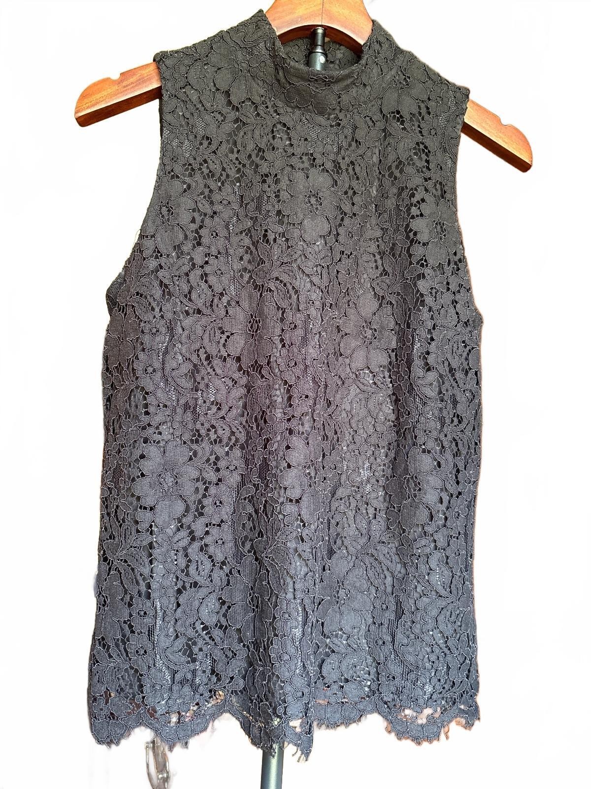 Tahari Black Lace cotton blend mock neck sleeveless top S