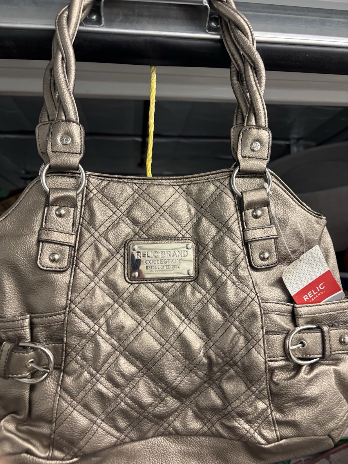 Relic Metallic Gray Quilted Satchel Top Handle Silver Hardware Zip, Magnetic