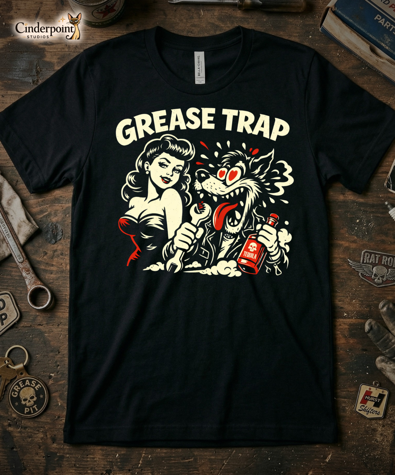Grease Trap T-Shirt Big Bad Wolf & Pinup Girl Retro Rockabilly Graphic Tee XS-5X
