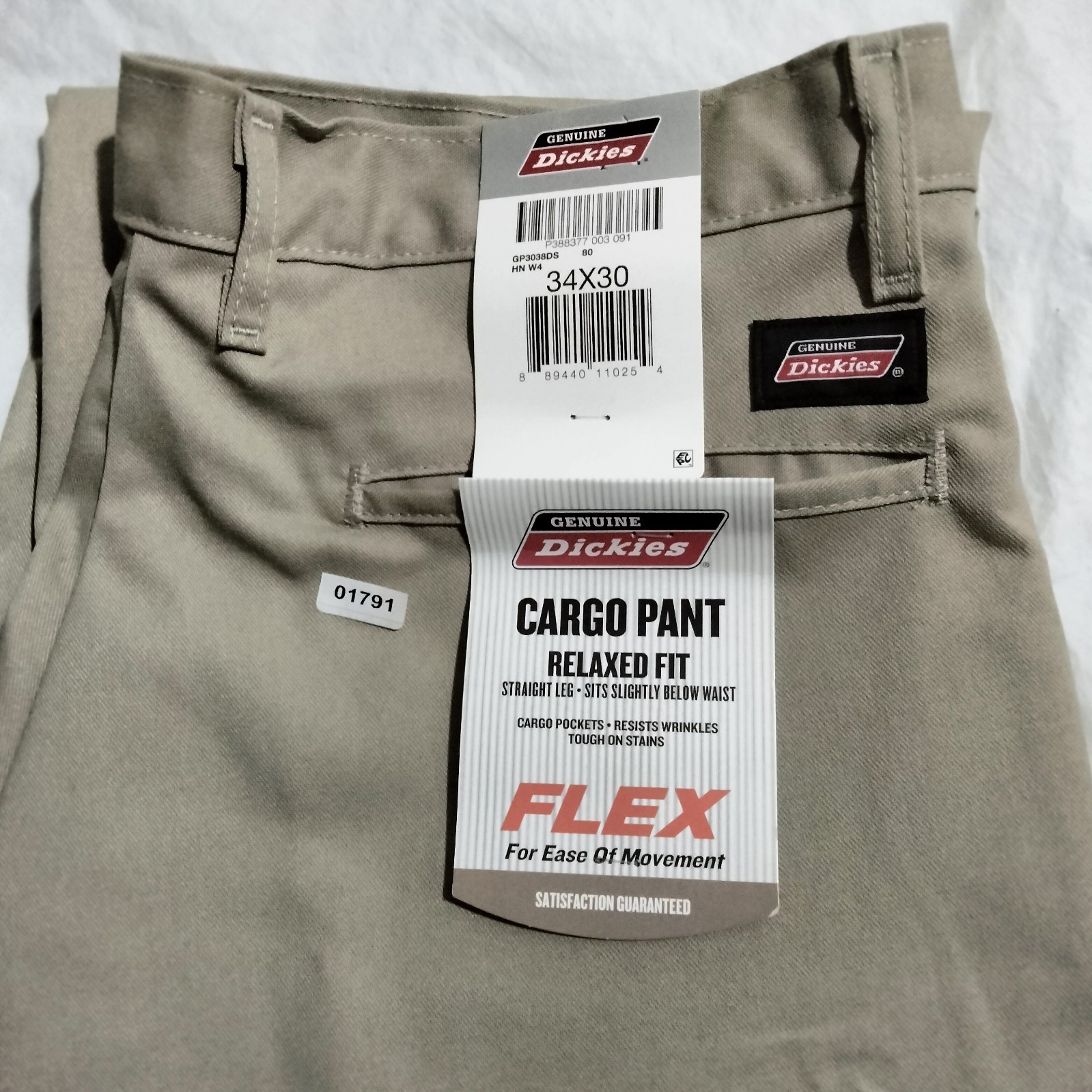 Genuine Dickies Mens Flex Relaxed Fit Straight Leg Work Cargo Pants Khaki 34×30