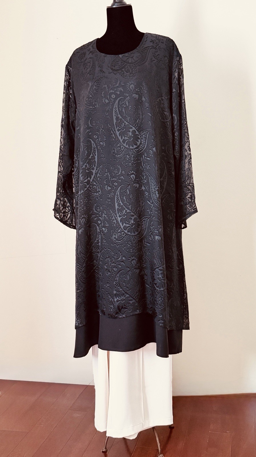 Eskandar Black Silk Blend Devore A-Line Dress Size 2 Oversized Layered
