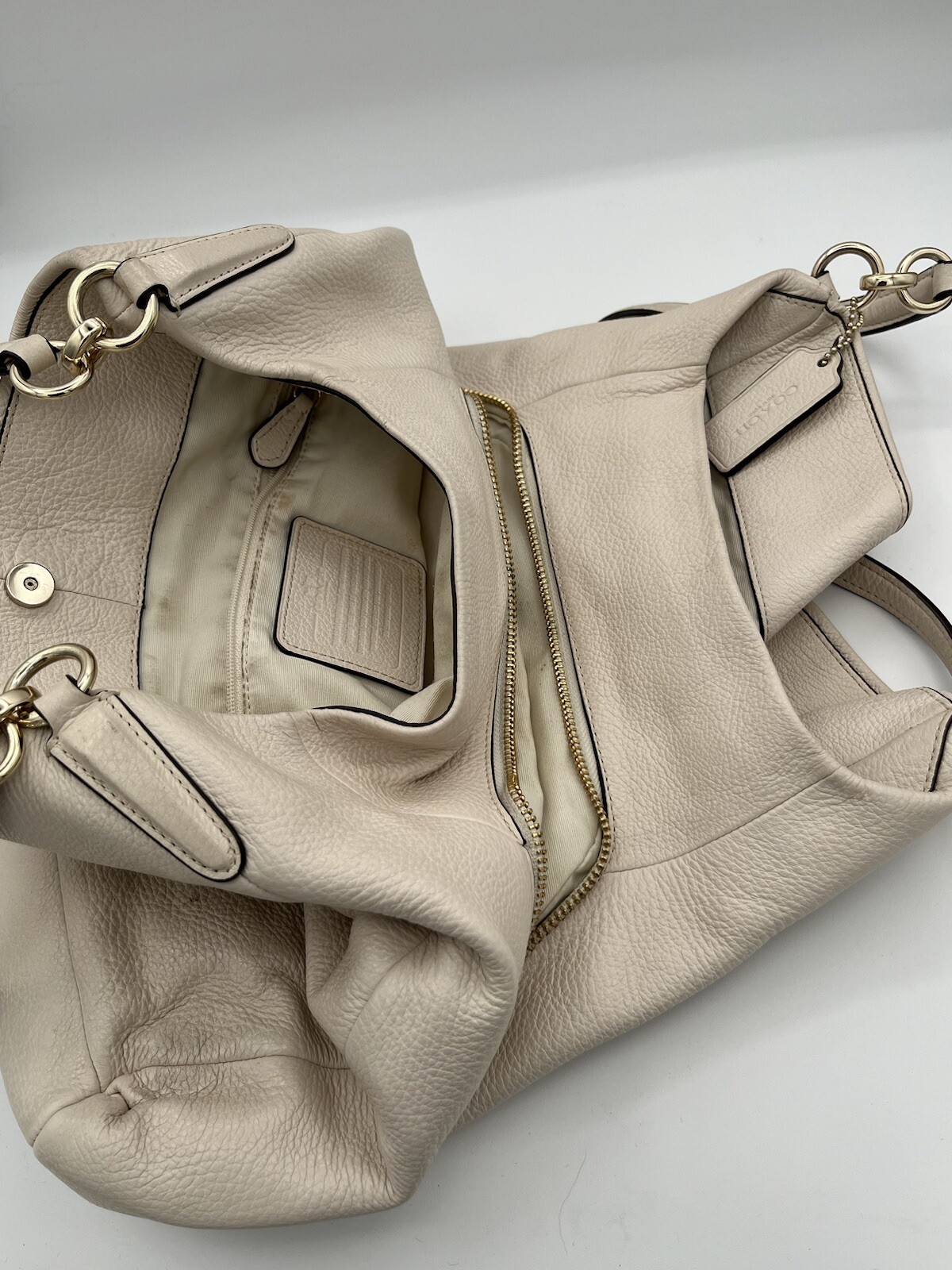 Coach Madison Phoebe Shoulder Bag Bone Pebbled Leather F35723 Compartments 3 Zip