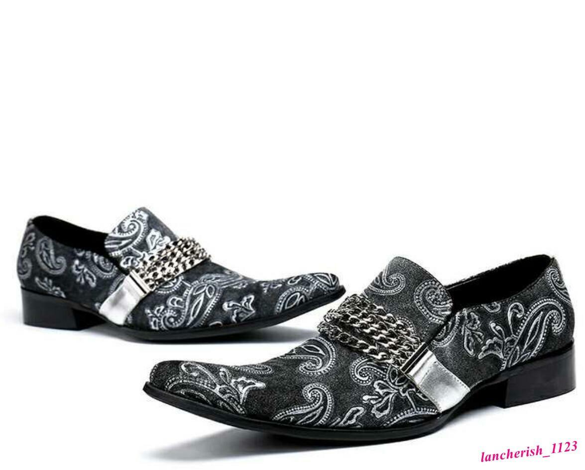 Chain Men’s Leather Shoes Nightclub Formal Pointed Toe Britain Embroidery Retro
