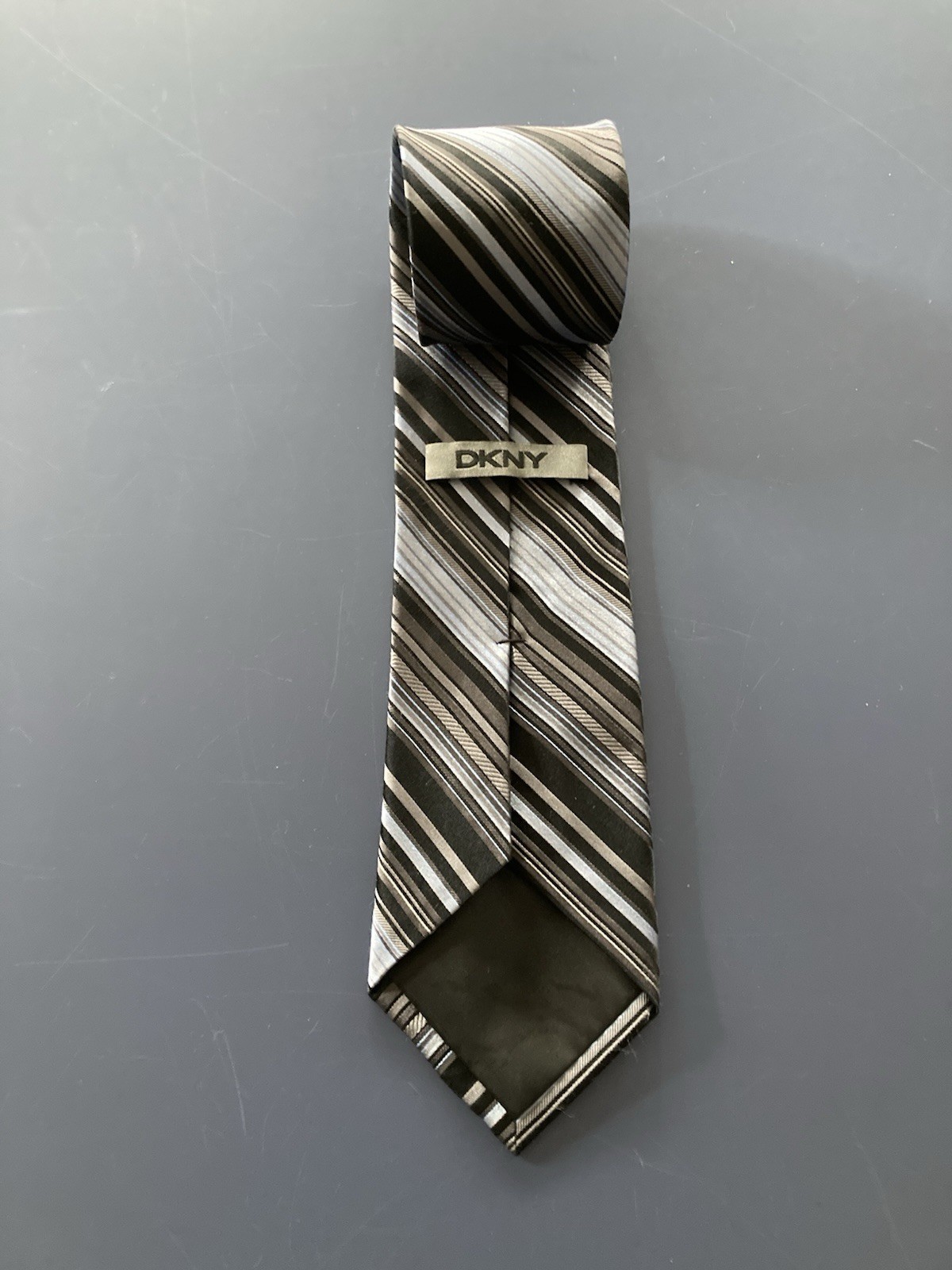 DKNY Silk Tie Dark Blue Light Blue Gray Stripes Necktie USA 58 x 3.25 Inches