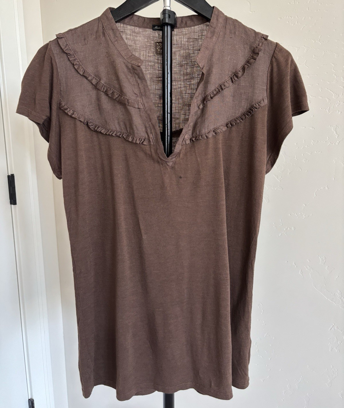 120% Lino Women’s M Brown Solid Linen V-Neck Short Sleeve Ruffle Top Italy