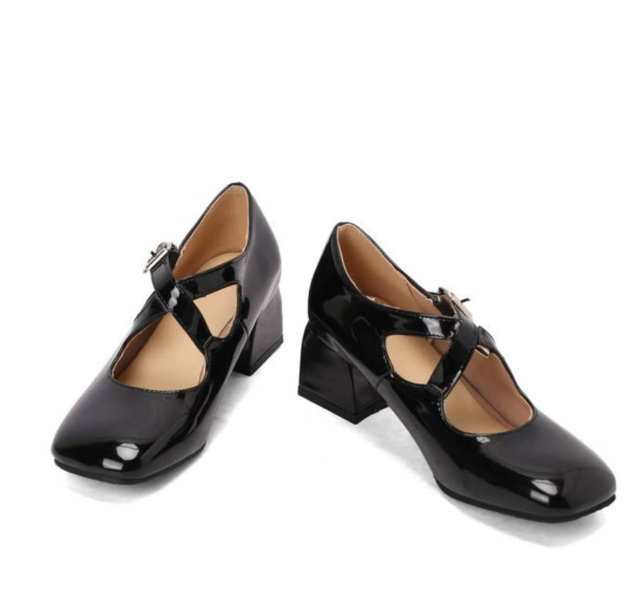 Women’s Ladies Square Toe Cross Strap Mid Chunky Heels Dress Shoes Leather 2026