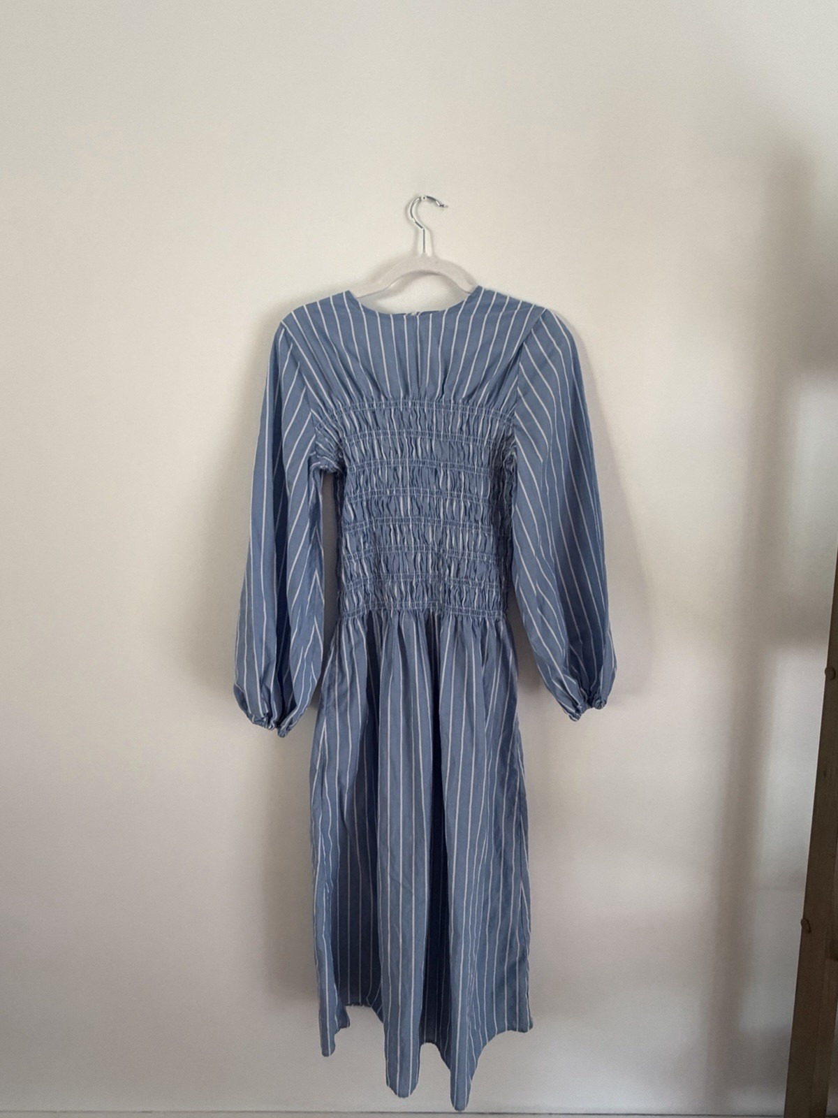 NA-KD x Rita Montezuma Cotton Smocked Detail Midi Dress in Blue Stripe