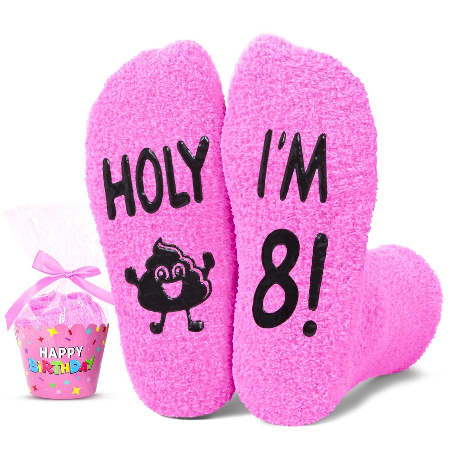 HAPPYPOP Birthday Socks Gift – Medium, Comfy Holy I’m 8 Fluorescent Pink