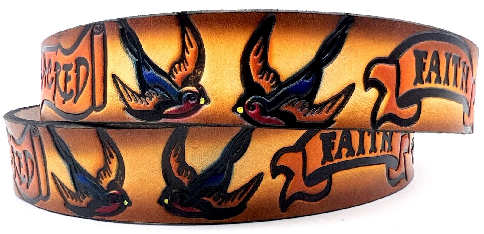 FAITH SACRED DOVES EMBOSSED MOTORCYCLE COWHIDE LEATHER BELT SIZE 26-48 USA MADE