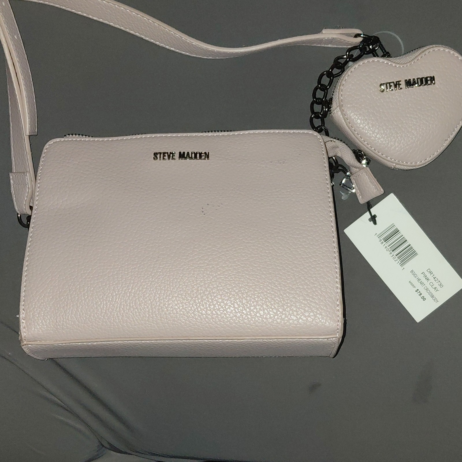 Steve Madden Pink Pebbled Crossbody Bag, Zip/Magnetic, Detachable Strap, Charm