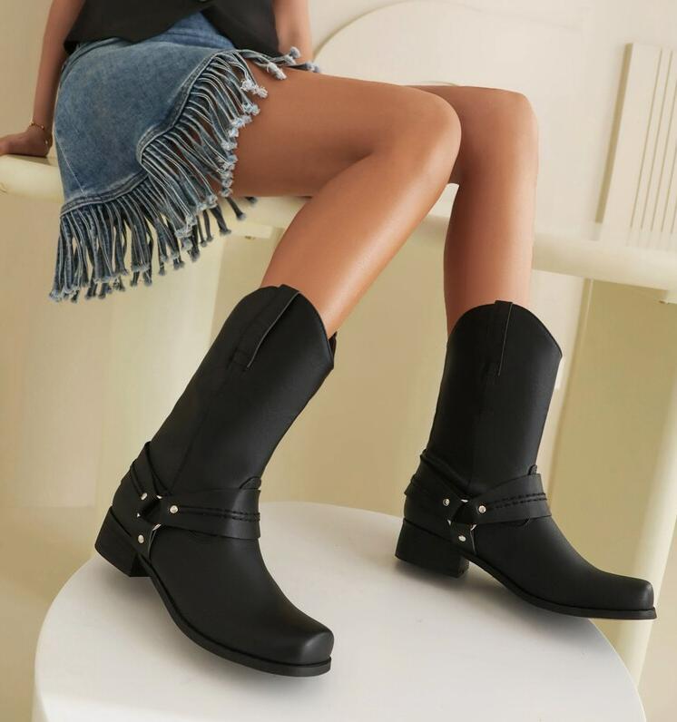 Vintage Women’s Square Toe Mid Calf Boots Fashion Chunky Heel Chelsea Shoes New