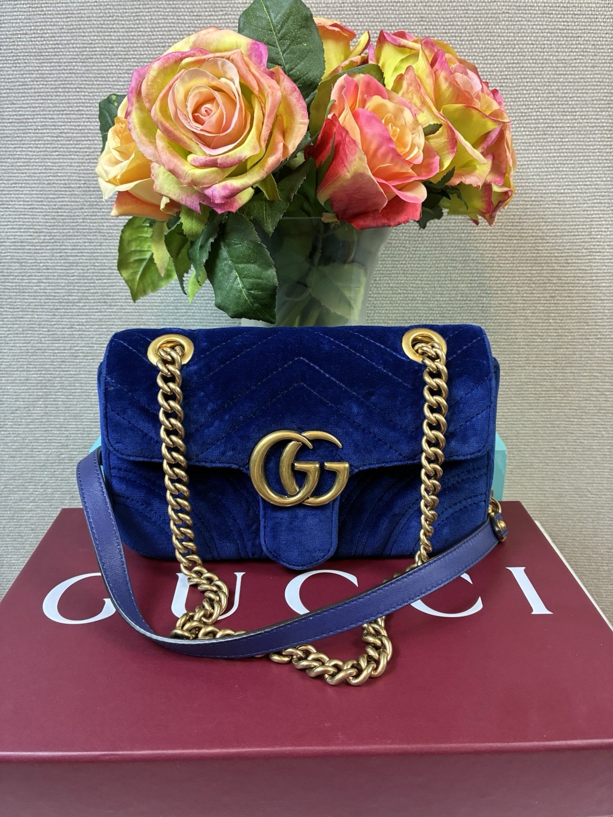 Gucci Marmont Blue Velvet Quilted Shoulder Bag – Excellent Pre Loved Condition