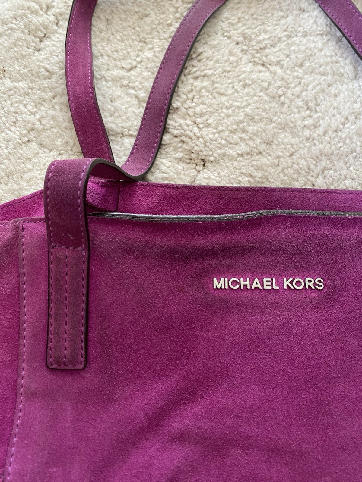Michael Kors Fuchsia Suede Tote Bag Magnetic Closure Gold Hardware Tassel Charm