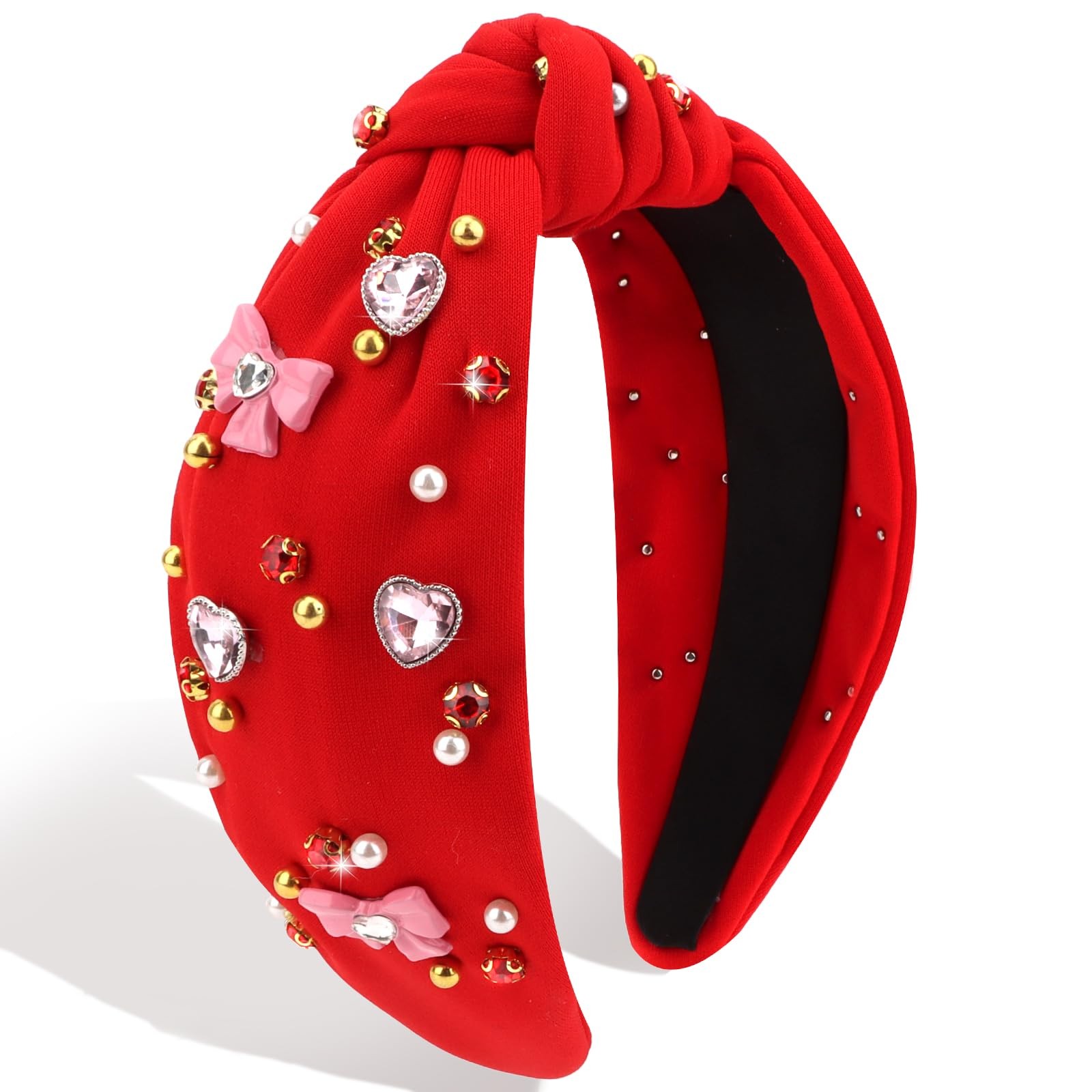 Red Valentine’s Day Knotted Bow Heart Rhinestone Pearl Headband Accessory