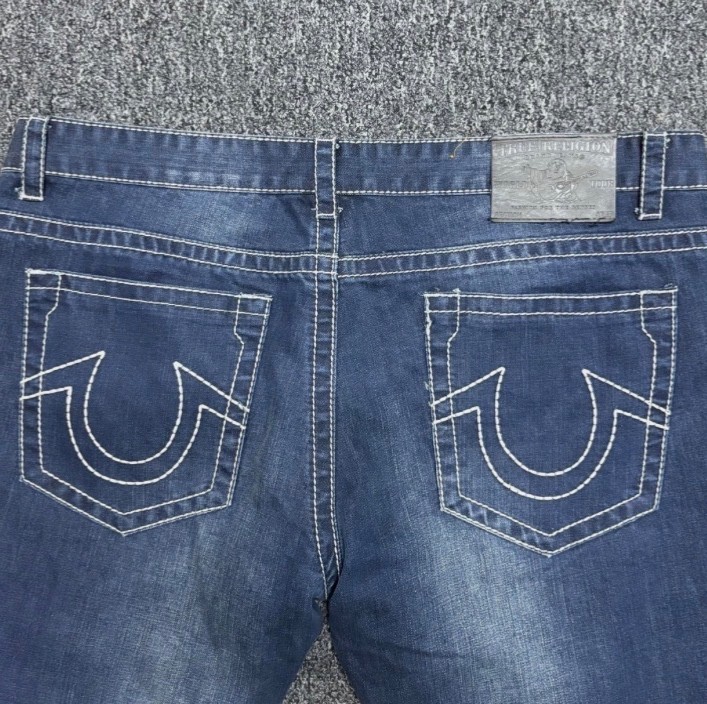 True Religion Men’s Straight Jeans | Blue Denim with White Stitching