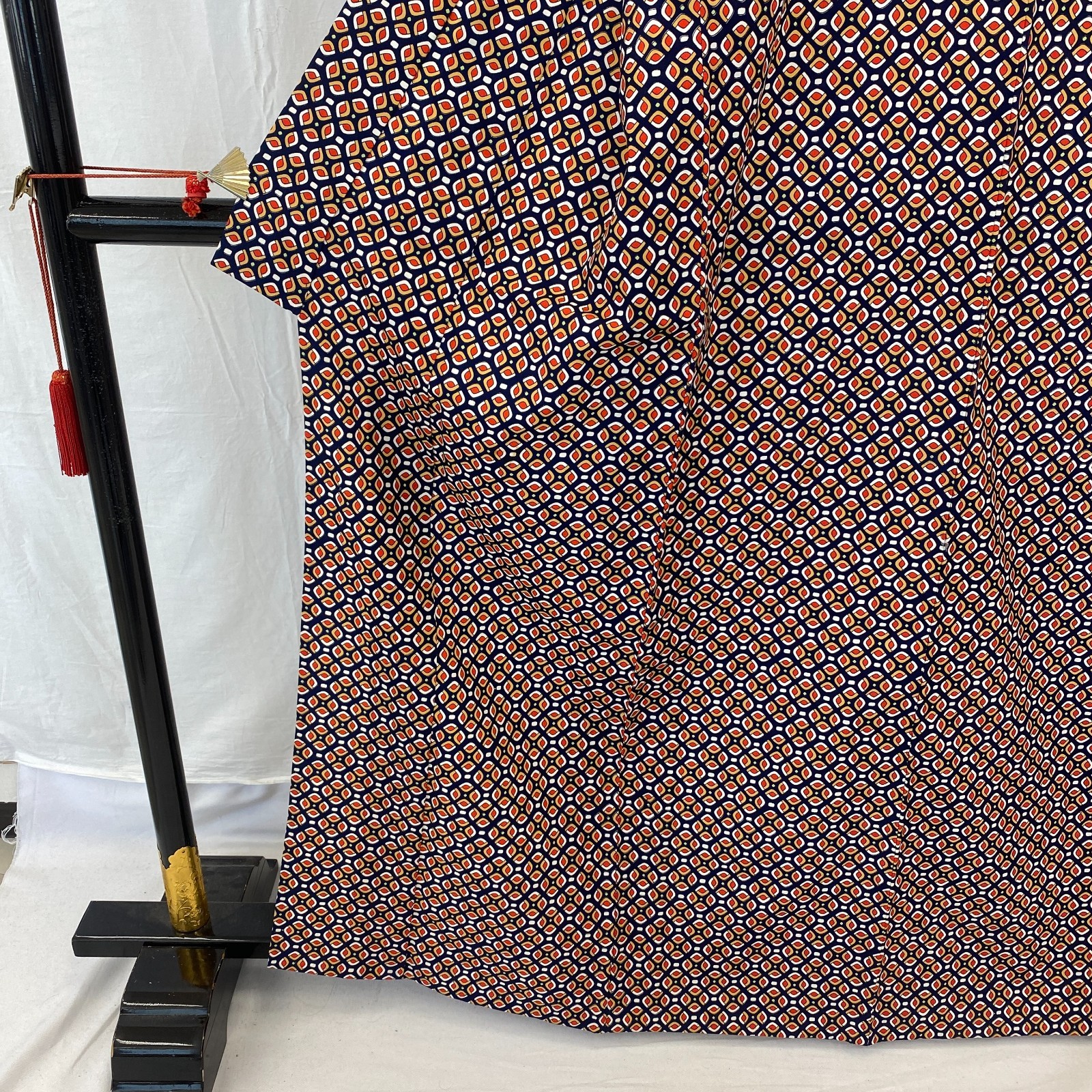 Japanese Vintage Kimono Polyester Navy No Lining Komon Traditional Length 63 in