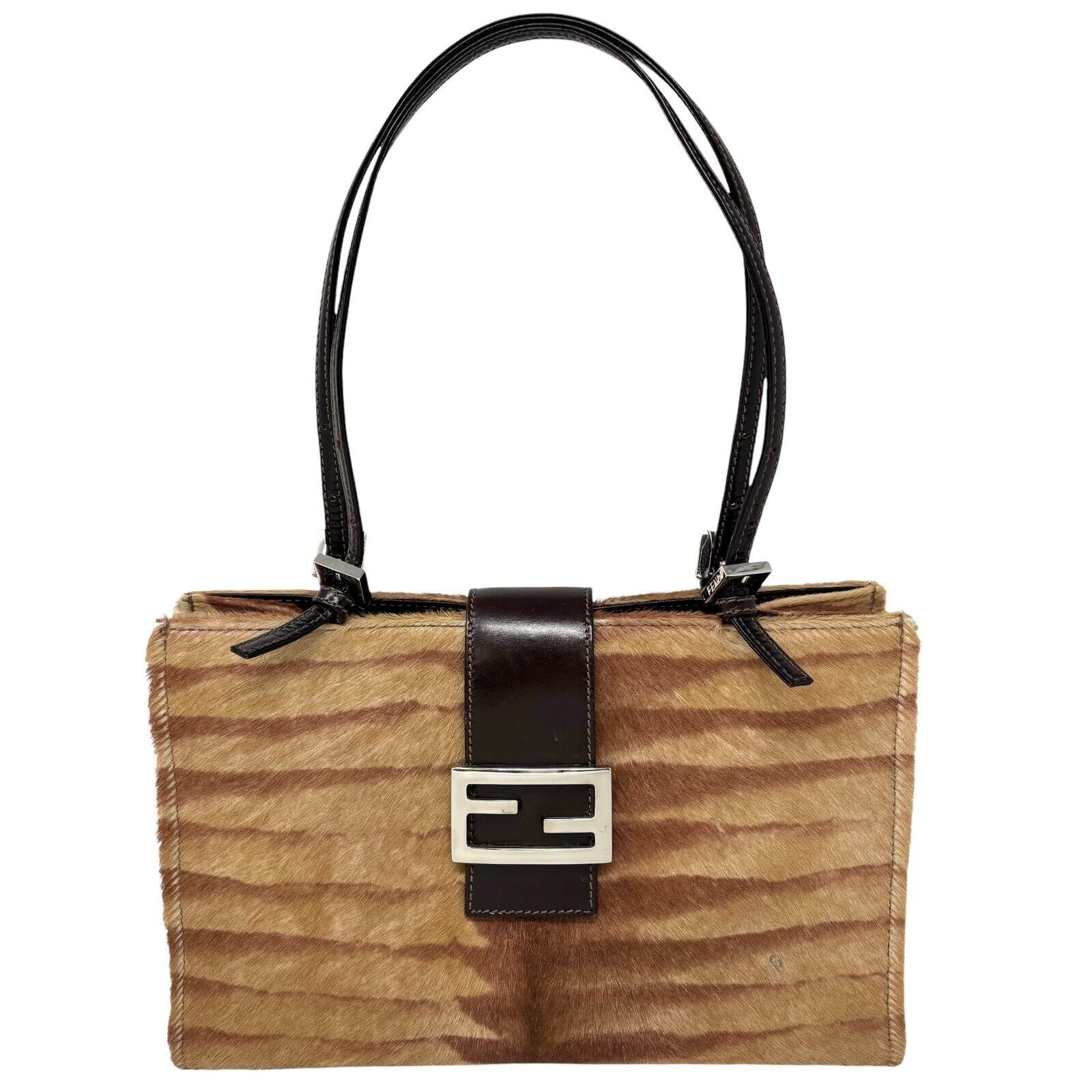 FENDI Vintage FF Logo Shoulder Bag Tote Bag Brown Silver Calf Hair Leather
