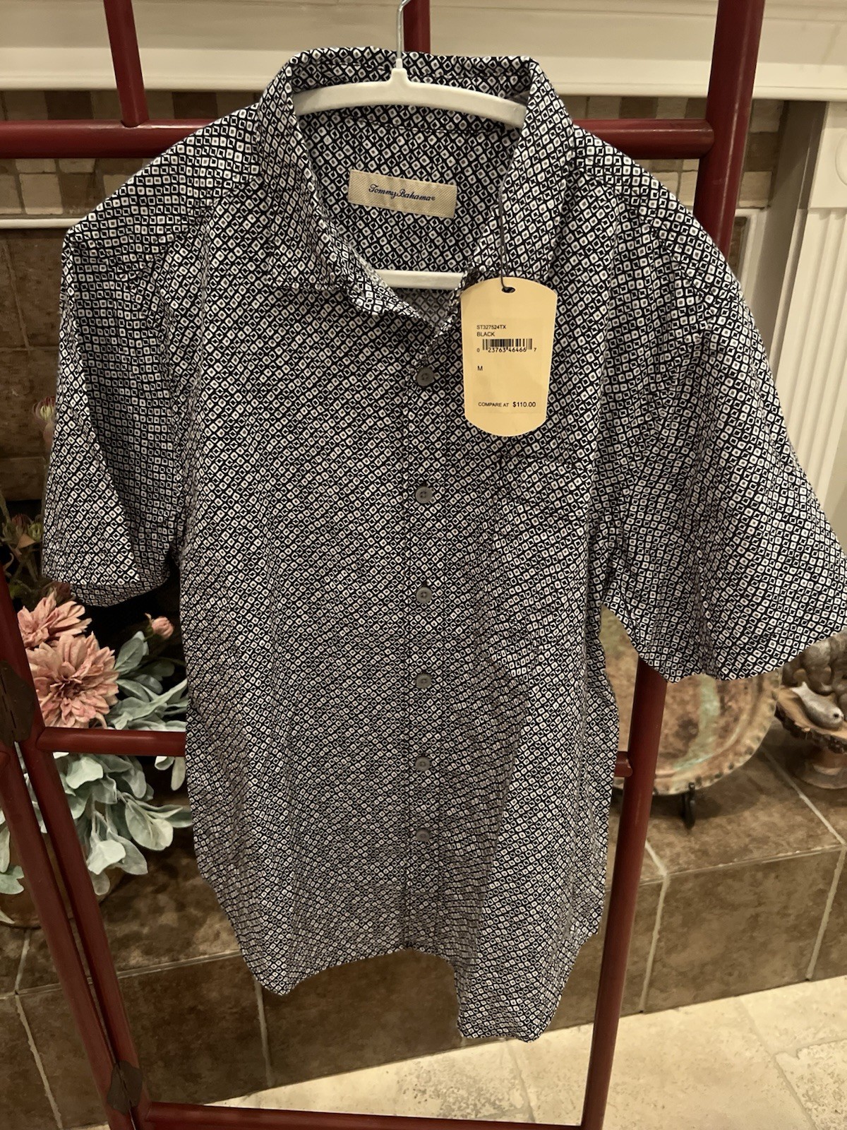 Nwt Tommy Bahama Men’s Black Cotton Diamond Print Sport Camp Shirt $110 M