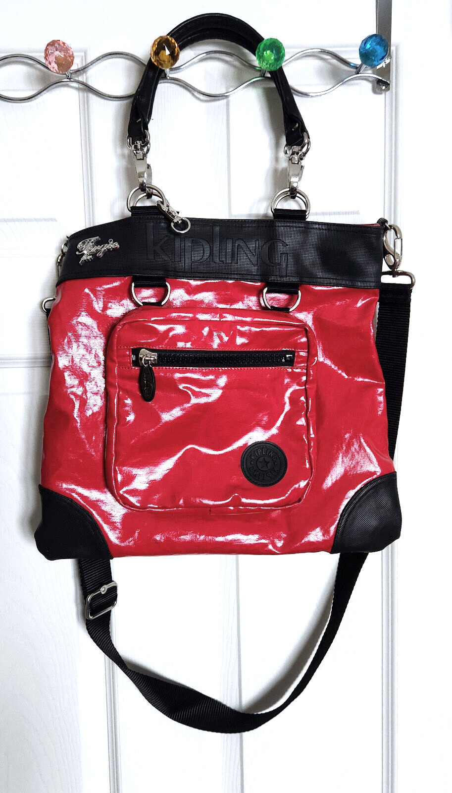 Kipling Fergie Glossy Convertible Crossbody Bag Tote Red and Black, Front Pouch