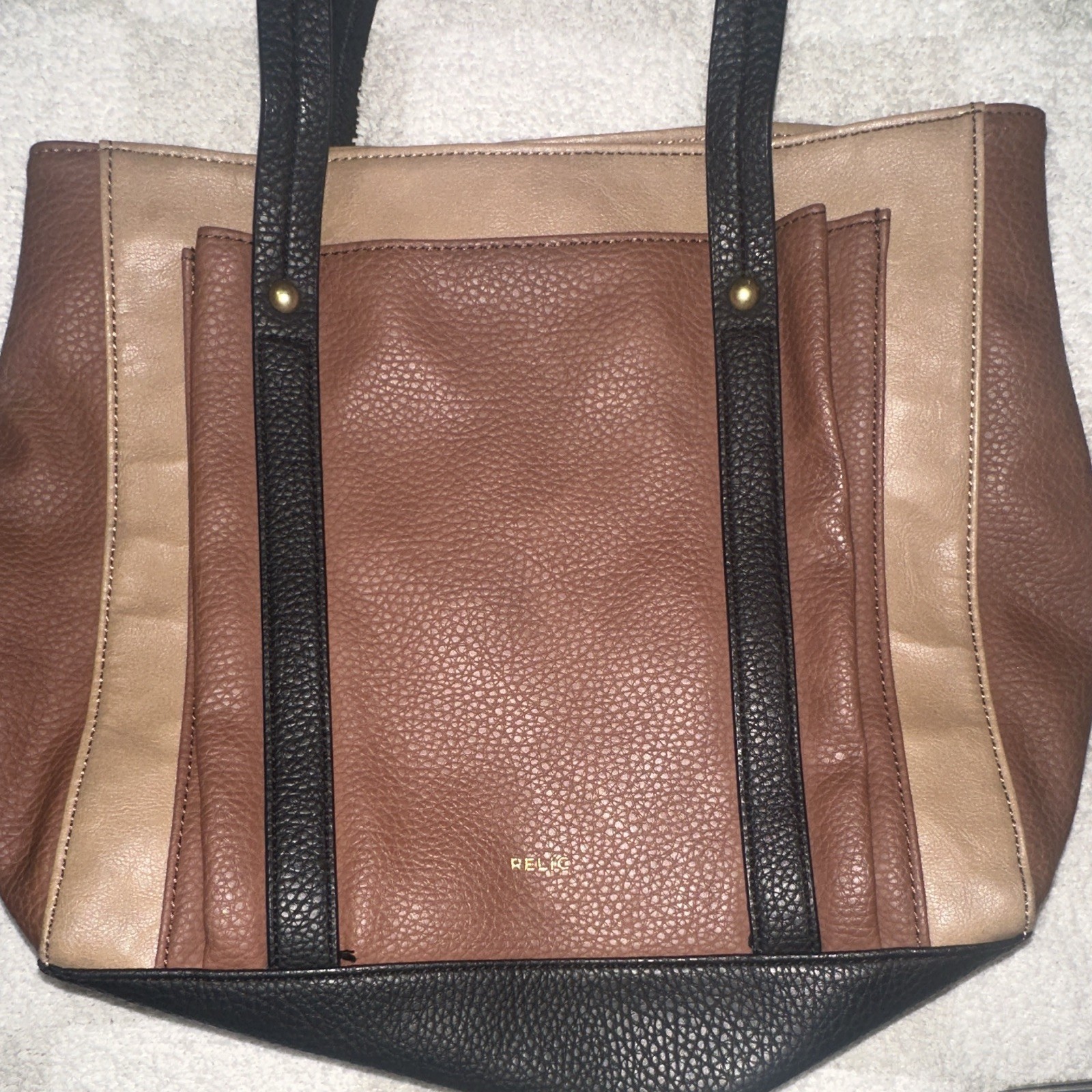 Relic Colorblock Pebbled Tote Bag Zip/Magnetic Close Inner Pockets Brown