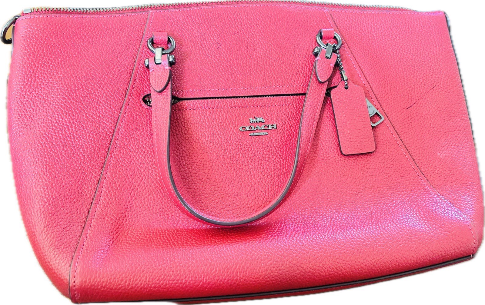Coach Pink Pebbled Zip Top Satchel Top Handle Double Handles Lined Charm