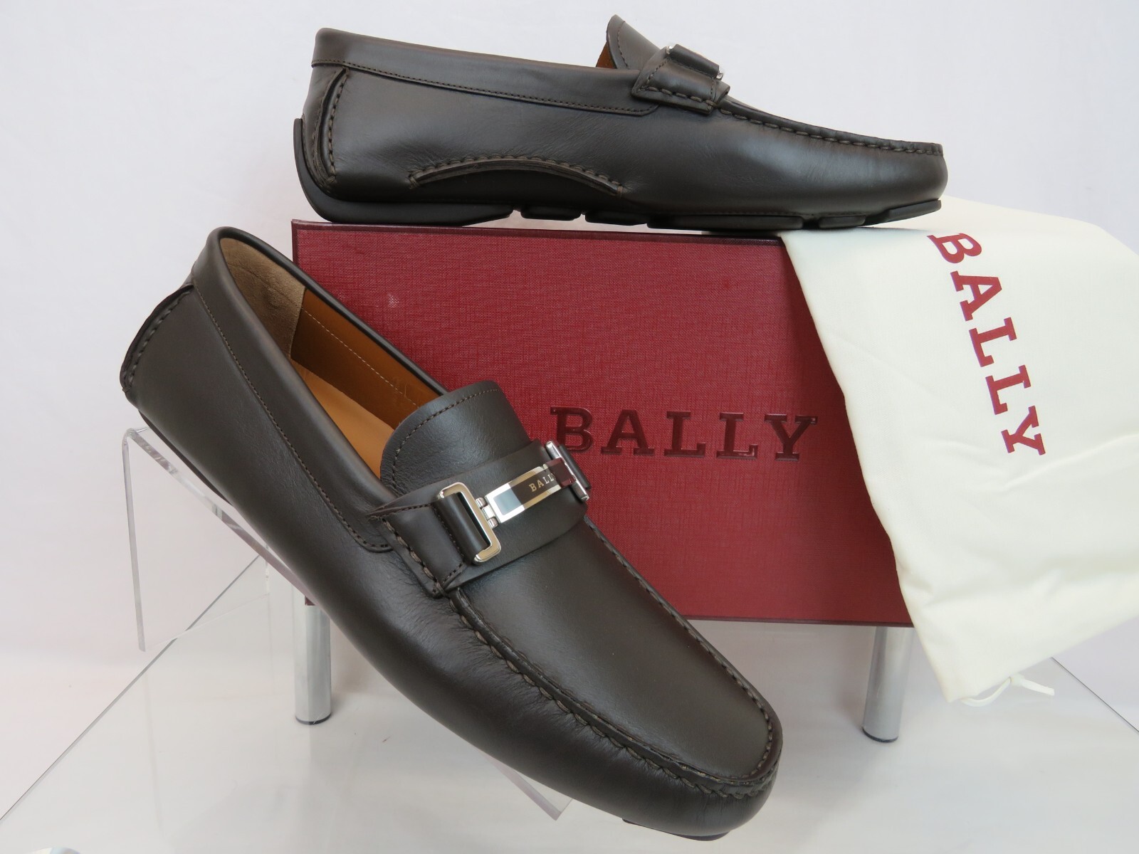 BALLY DRULIO DARK BROWN CHOCOLATE LEATHER METAL LOGO DRIVING LOAFERS US 12 D