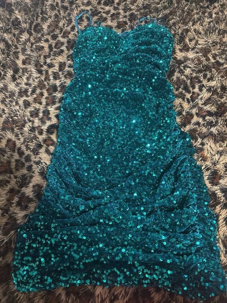 Teal Sequin Strapless Sweetheart Bodycon Short Dress Lined Zip Size m