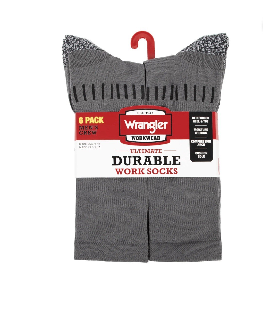 Wrangler 6 Pair Men Ultimate Durable Work Socks Sz 6-12 Reinforced Toe Gray New
