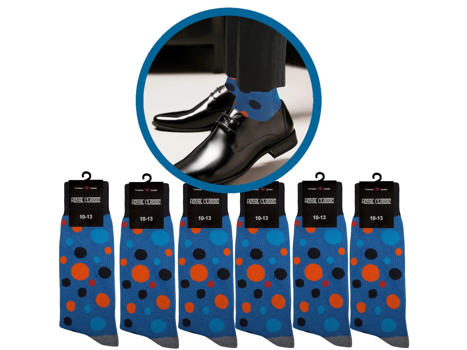 BLUE MULTICOLOR POLKA DOT COTTON NOVELTY DRESS SOCKS 10-13 TRUE TO SIZE