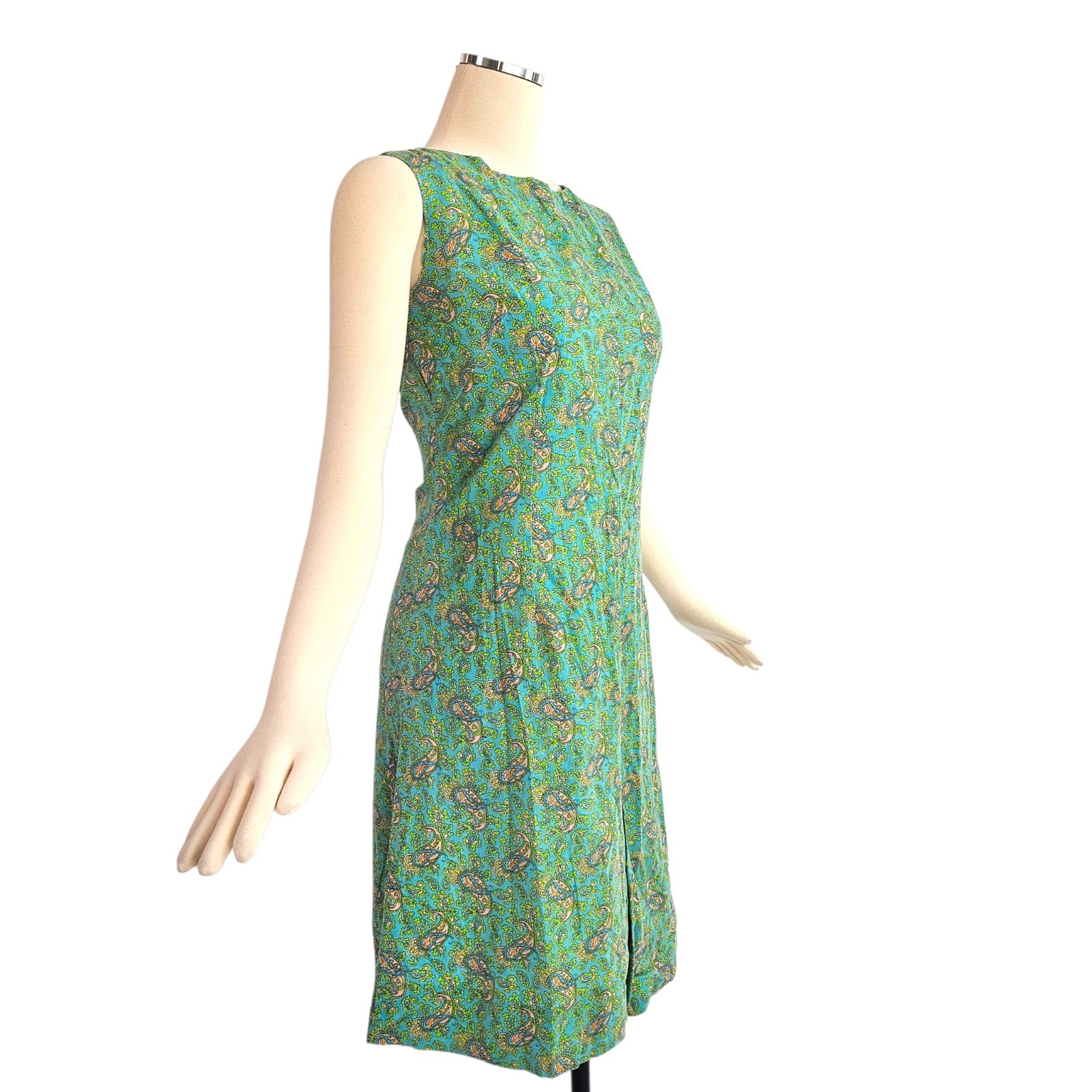 Vintage 1960’s Dress Housedress Shift Blue Green Pink Paisley Sleeveless Retro