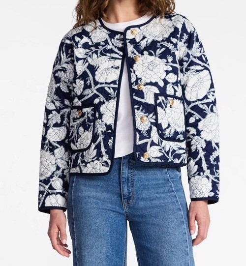 Navy Floral Grandmacore Quilted Midweight Cotton Cottagecore L Button Up Jacket