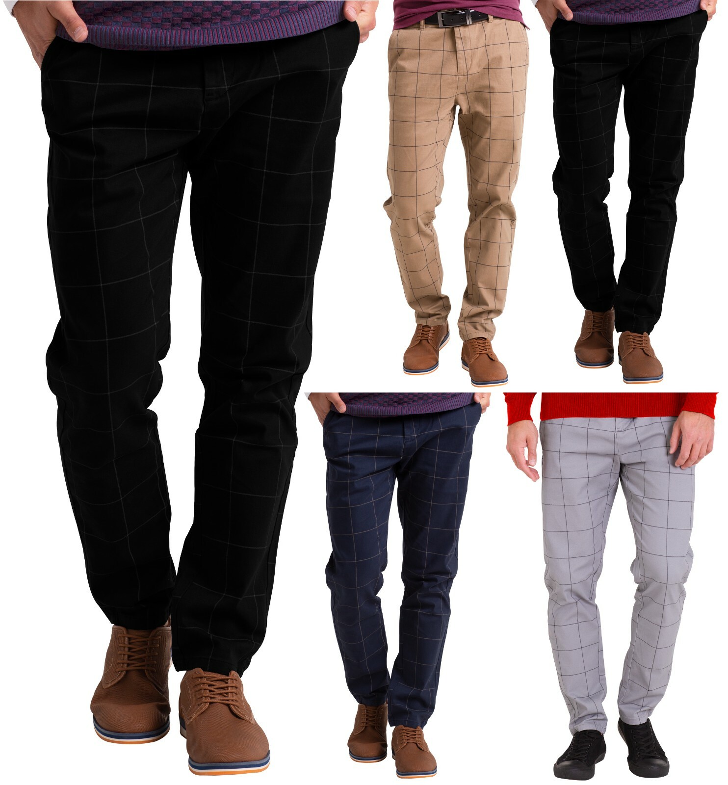 Mens Plaid Check Formal Pants Stretch Slim Fit Casual Fashion Smart Work Trouser