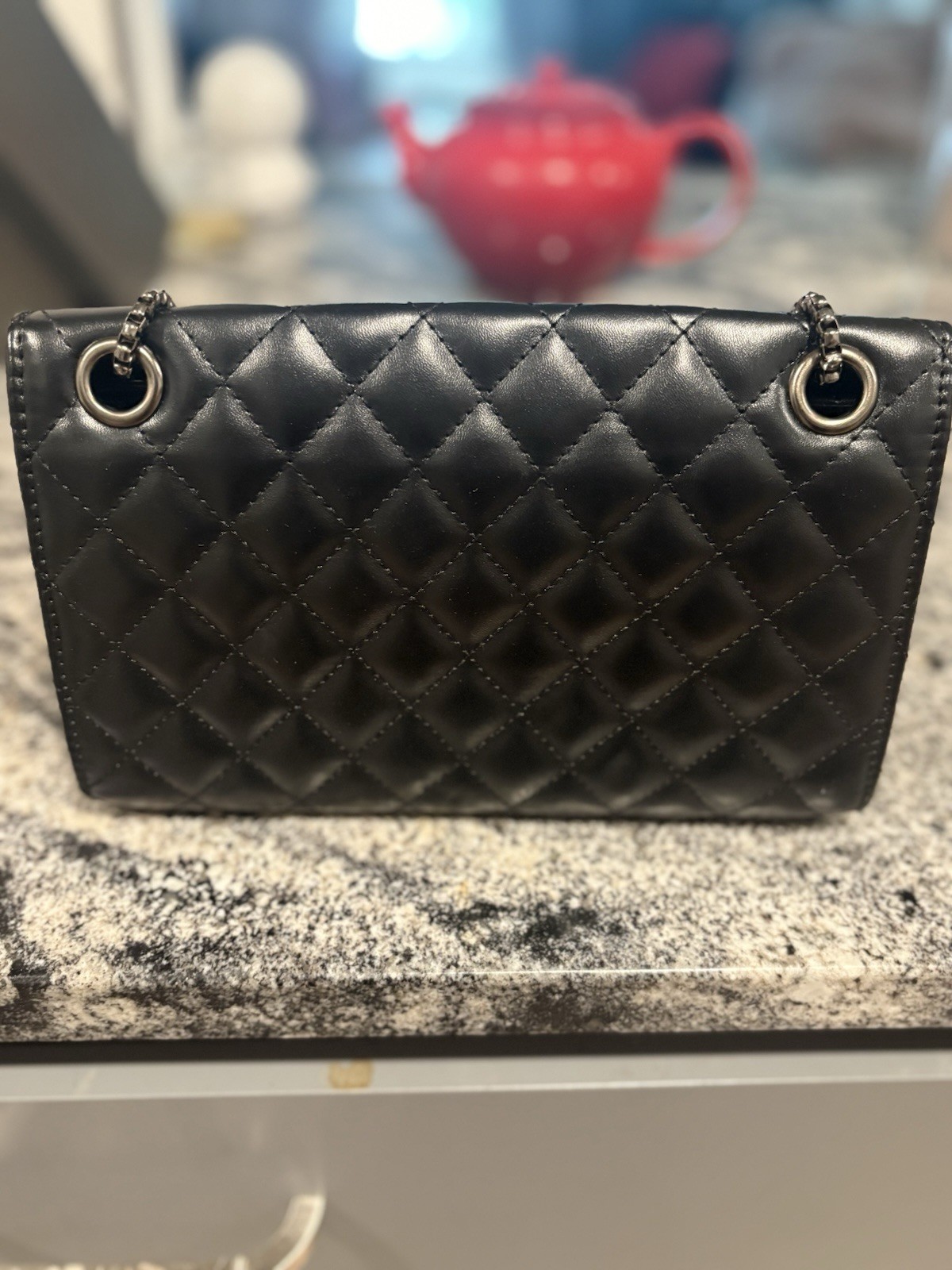 Black Quilted Crossbody Bag Chain Strap Turn Lock Detachable Strap Silver