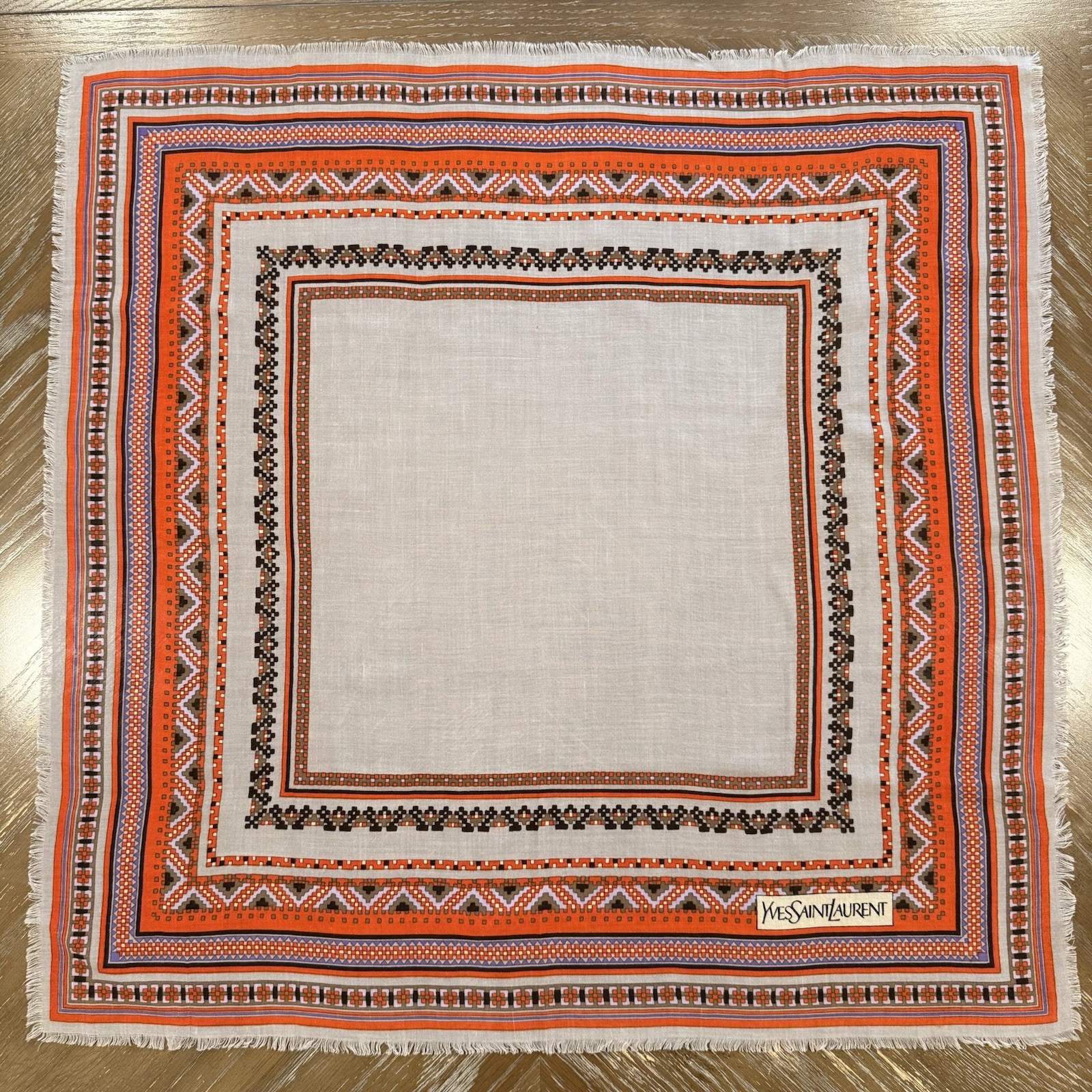 Yves Saint Laurent Silk Scarf Geometric Cream Brown