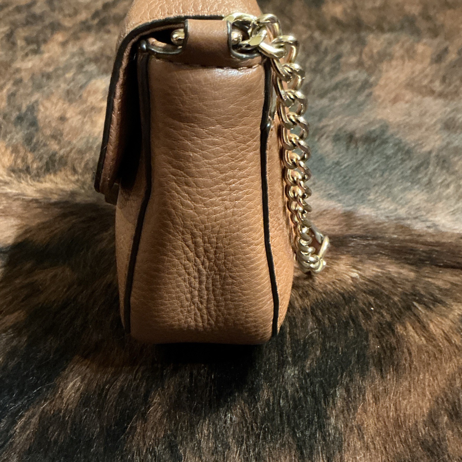Michael Kors Brown Small Pebbled Crossbody Bag Gold Logo Chain Magnetic Closure