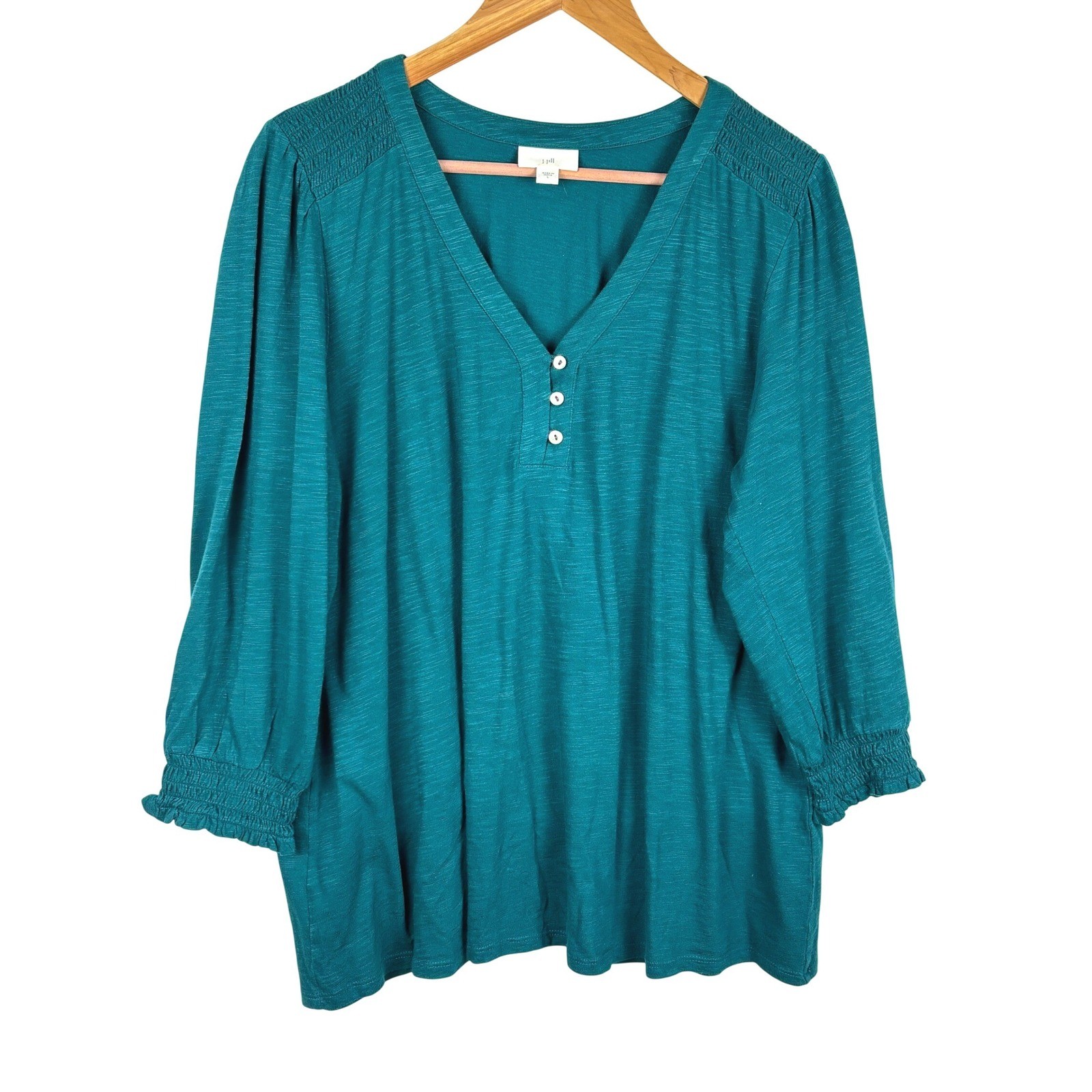 J Jill Women Cotton Modal Slub Knit 3/4 Sleeve Henley Top Sz L Teal Breathable