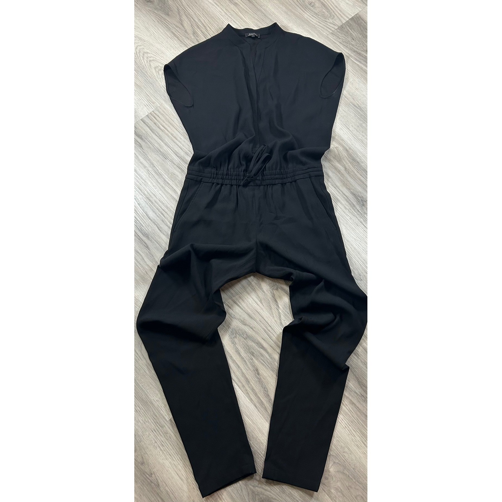 Babaton Black Short Sleeve Drawstring Waist Jumpsuit Size S Split Neck Pocket