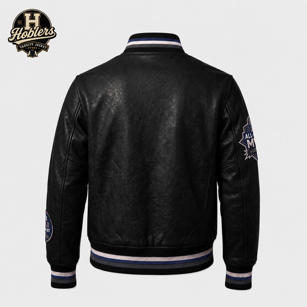 Black Leather Varsity Jacket with Championship Patches | All-Star MVP Bomber J