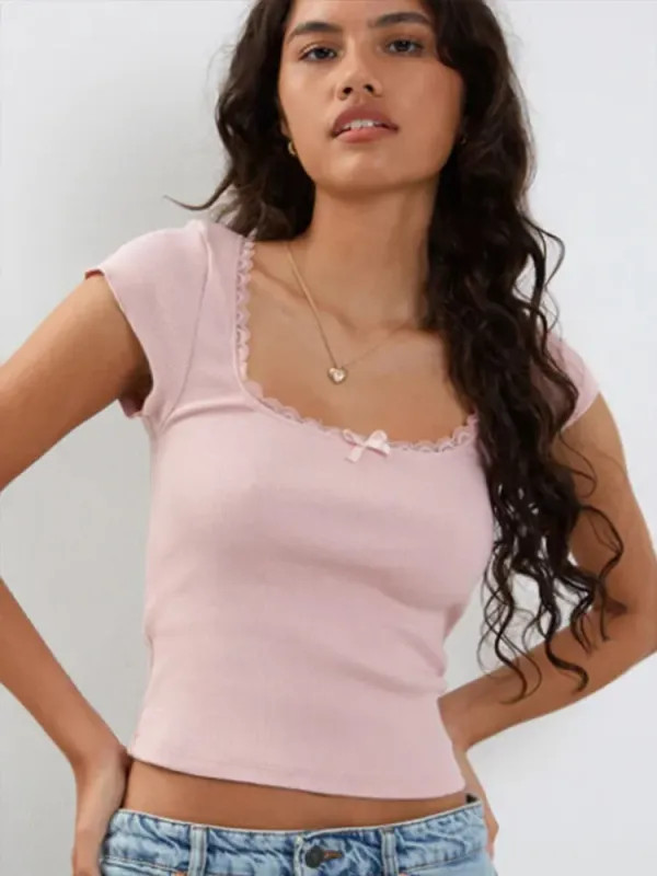 Vintage Lace Trim Baby Tee Square Neck Crop Top Cottage Style Women