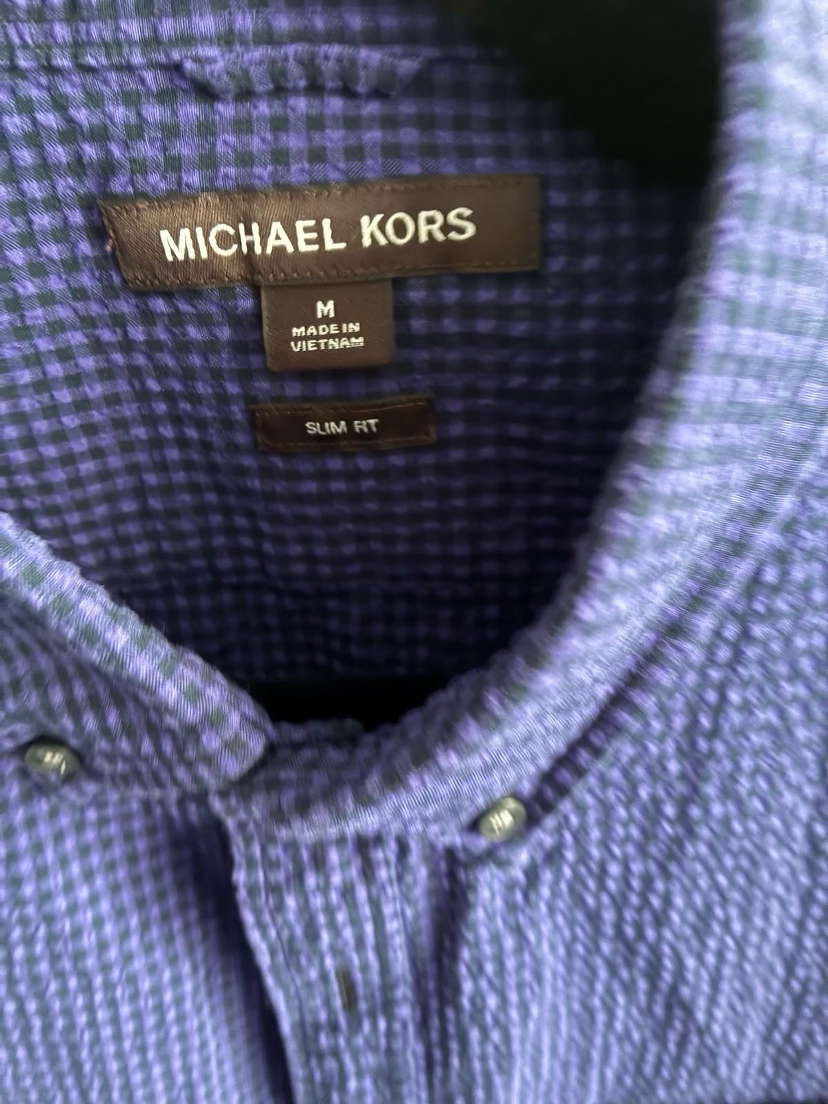 Michael Kors Cotton Check Short Sleeve Button-Up Shirt w/ Pockets M Blue Purple