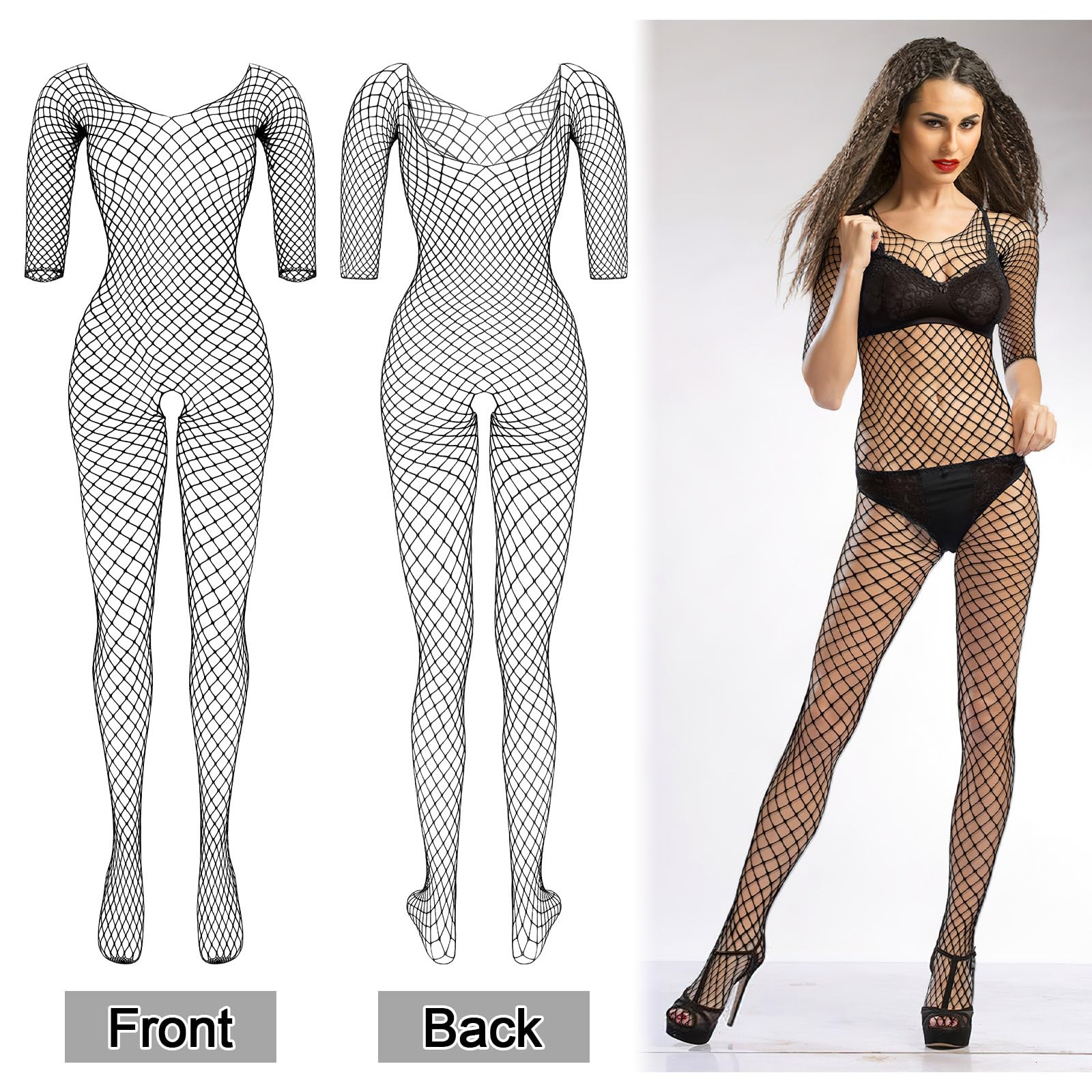 3 Packs Women Fishnet Bodysuits Mesh Bodystocking Fishnet Lingerie Long Sleeve B